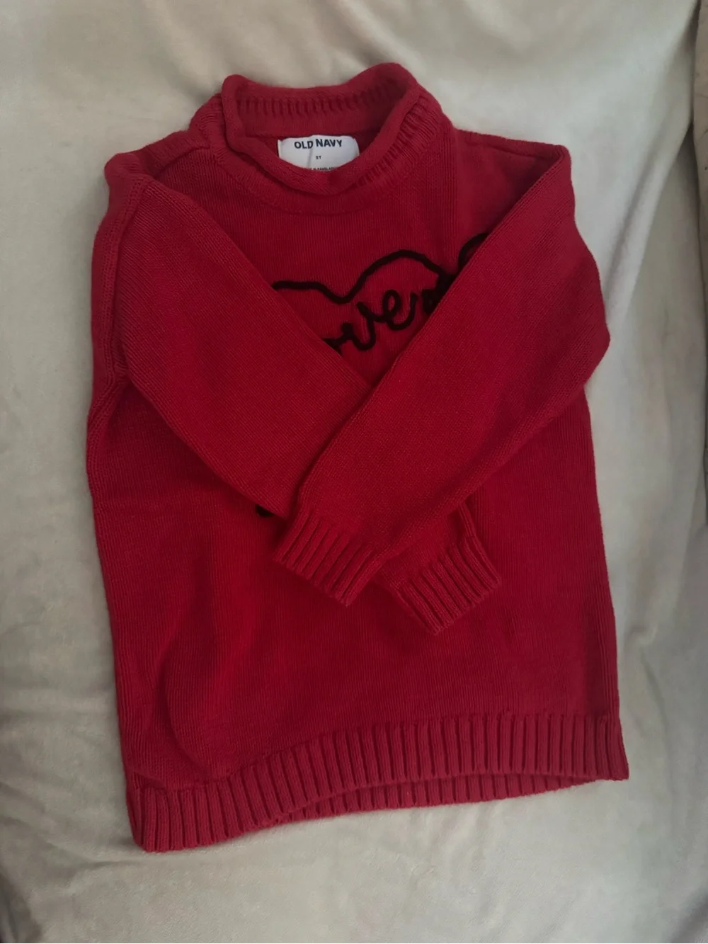 Old Navy Red Crewneck Sweater with Black Heart Script